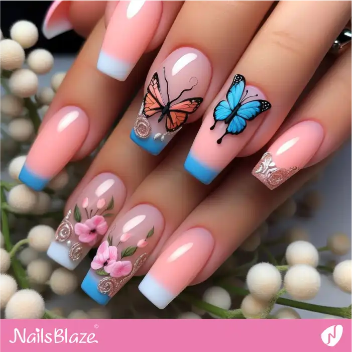 Peach Fuzz Butterfly Nails with Blue and White Tips | Color of the Year 2024 - NB1810